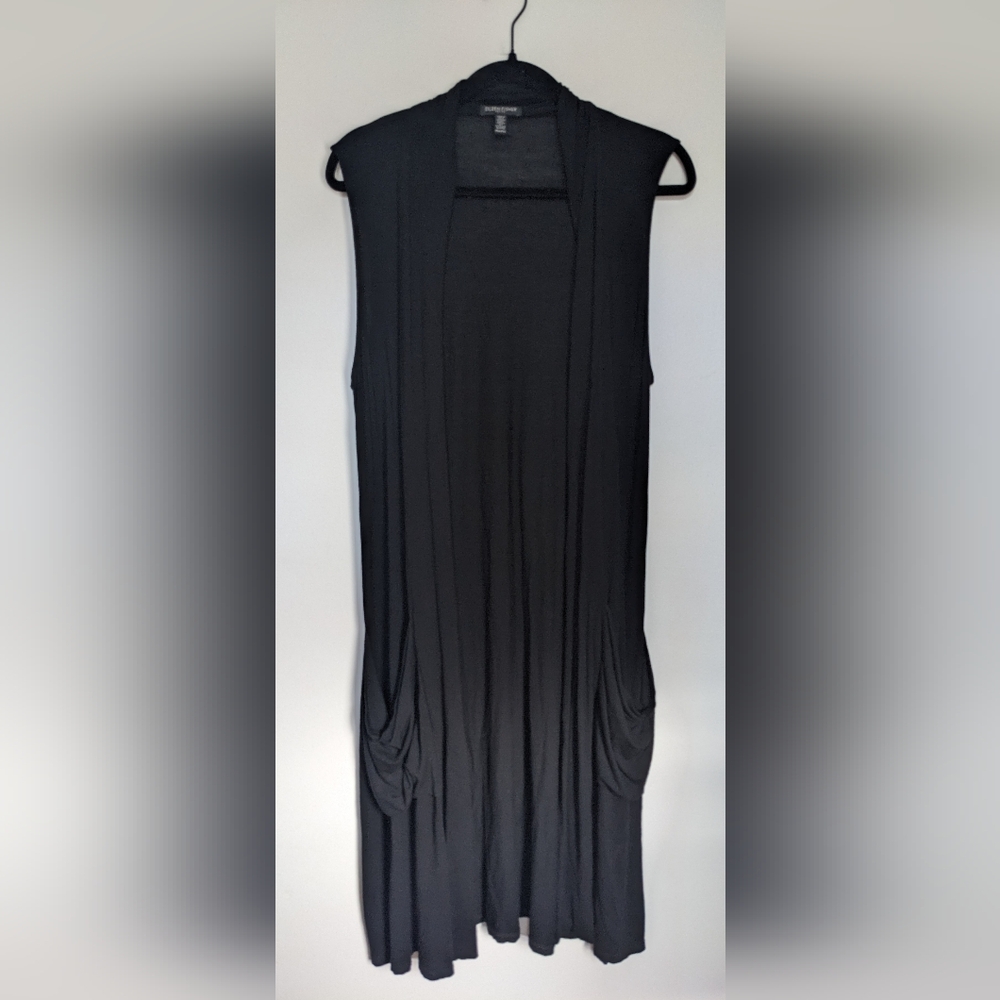 Eileen Fisher Black Viscose Open Front Lagenlook Sleeveless Cardigan sz M Petite